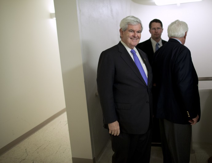 Republican presidential candidate, former House Speaker Newt Gingrich waits to be introduced during a campaign stop on Monday, Feb. 20, 2012 in Oklahoma City, Okla.  (AP Photo/Evan Vucci)
