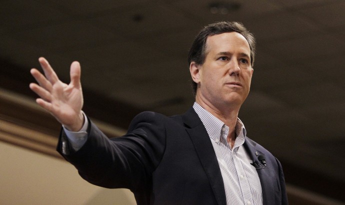 FILE - In this Feb. 27, 2012 file photo, Republican presidential candidate, former Pennsylvania Sen. Rick Santorum speaks in Livonia, Mich. When Santorum recently rebuked John F. Kennedy's 1960 speech on religion, he was repeating a common conservative view that the address did more harm than good. Santorum, competing for conservatives votes in a close GOP presidential primary with Republican Mitt Romney, argued that more religion was needed in American public life.  (AP Photo/Eric Gay, File)