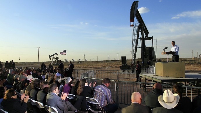 With oil pump jacks as a backdrop, President Barack Obama speaks at an oil and gas field on federal lands Wednesday, March 21, 2012, in Maljamar, N.M.  (AP Photo/Ross D. Franklin)