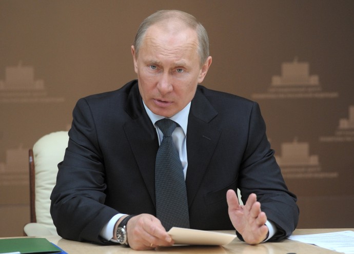 Russian Prime Minister Vladimir Putin holds a meeting in the Communication Center of the Russian government in Moscow, Wednesday, March 21, 2012. (AP Photo/RIA-Novosti, Alexei Nikolsky, Government Press Service)
