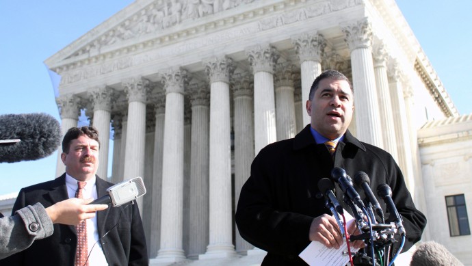 Citizens United President David Bossie, right, meets with reporters outside  the Supreme Court in Washington, Thursday, Jan. 21, 2010, after the Supreme Court ruled on a campaign finance reform case. Vermont recently became the third state calling for a repeal of the Citizens United case. (AP Photo/Lauren Victoria Burke)