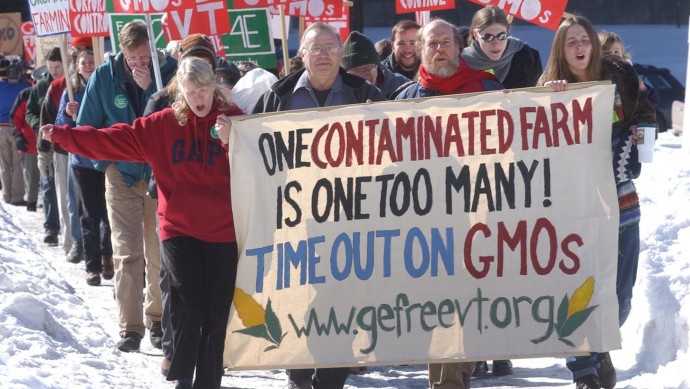Protesters march to the Statehouse in Montpelier, Vt., Thursday, Feb. 26, 2004, to call for a time out on genetically engineered crops. (AP Photo/Toby Talbot)