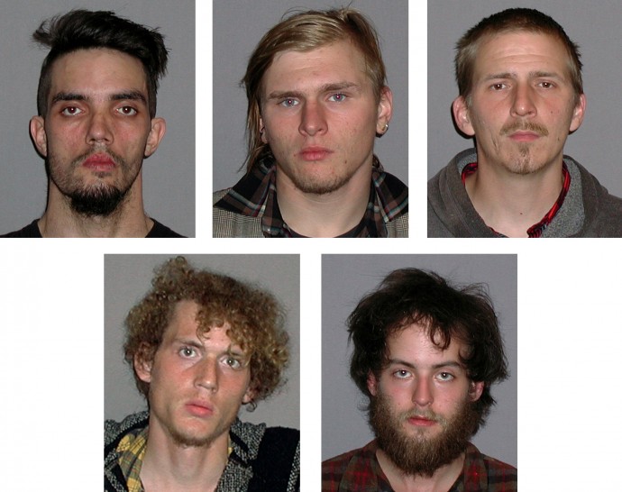 Photos provided by the FBI show five men arrested Monday, April 30, 2012, and accused of plotting to blow up a bridge near Cleveland, Ohio, the FBI announced Tuesday, May 1, 2012. Top row, from left, are Douglas Wright, Brandon Baxter and Anthony Hayne. Bottom row, from left, are Joshua Stafford and Connor Stevens. There was no danger to the public because the explosives were inoperable and were controlled by an undercover FBI employee, the agency said Tuesday in announcing the men's arrests. The target of the plot was a bridge that carries a four-lane state highway over part of the Cuyahoga Valley National Park in the Brecksville area, about 15 miles south of downtown Cleveland, the FBI said.  (AP Photo/FBI)