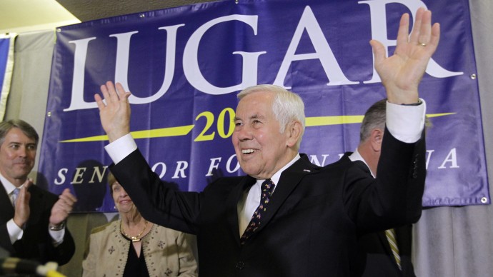 Sen. Richard Lugar reacts after giving a speech Tuesday, May 8, 2012, in Indianapolis. Lugar lost his Republican Senate primary on Tuesday to state Treasurer Richard Mourdock.  (AP Photo/Darron Cummings)