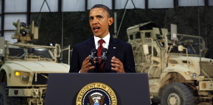 President Barack Obama delivers a speech from Bagram Air Field, Afghanistan, Tuesday, May 2, 2012. (AP Photo/Kevin Lamarque, Pool)