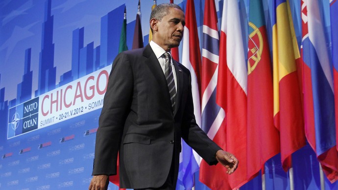 President Barack Obama walks off stage at the end of his news conference at the closing of the NATO Summit in Chicago, Monday, May 21, 2012. (AP Photo/Pablo Martinez Monsivais)