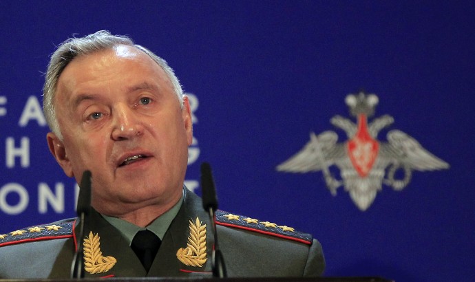 Chief of General Staff Nikolay Makarov speaks at Russian Ministry of Defenses Conference on Missile Defense in Moscow on Thursday, May 3, 2012. President Medvedev last year threatened that Russia will retaliate if it does not reach agreement with the United States and NATO. Makarov on Thursday confirmed that stance, saying that that Russia will take "a decision on a pre-emptive use of destructive force" if "the situation aggravates."  (AP Photo/Sergey Ponomarev)