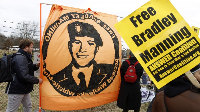 Protestors supporting Pfc. Bradley Manning gather outside Ft. Meade, Md., Saturday, Dec. 17, 2011. (AP Photo/Jose Luis Magana)