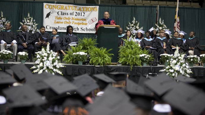 A commencement message is given to graduates. Some graduation ceremonies are coming under attack for including a mandatory graduation prayer. (Photo by Brian K. Slack/Maryland GovPics)