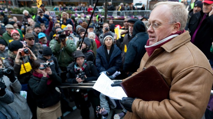 Pulitzer Prize winning journalist Chris Hedges speaks to nearly 100 Occupy Wall Street protestors in Zuccotti Park, Saturday, Dec. 3, 2011, in New York. (AP Photo/John Minchillo)