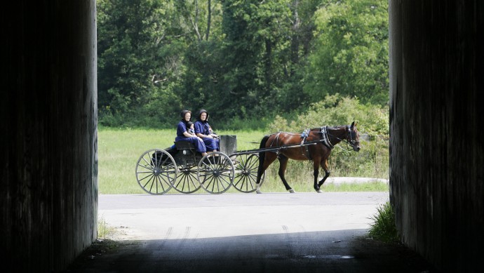 A group of Amish women and children pass the opening of an underpass as they make their way home along a winding road Aug. 20, 2008. (AP Photo/Ed Reinke)