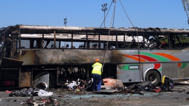 This image provided by the Bulgarian Interior Ministry Thursday July 19, 2012, shows a damaged bus following Wednesday's deadly suicide attack on a bus in Burgas, Bulgaria. (AP Photo/Bulgarian Interior Ministry)