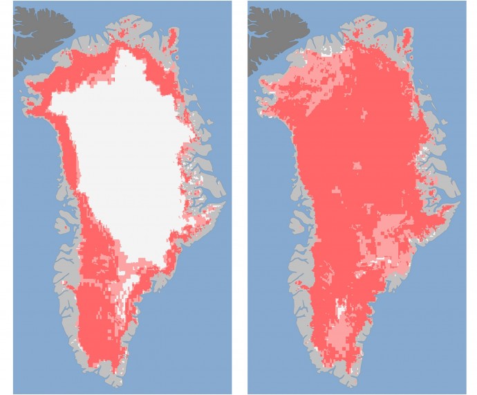 These undated handout images provided by NASA shows the extent of surface melt over Greenlands ice sheet on July 8, left, and July 12, right. Measurements from three satellites showed that on July 8, about 40 percent of the ice sheet had undergone thawing at or near the surface. In just a few days, the melting had dramatically accelerated and an estimated 97 percent of the ice sheet surface had thawed by July 12. (AP Photo/Nicolo E. DiGirolamo, SSAI/NASA GSFC, and Jesse Allen, NASA Earth Observatory)