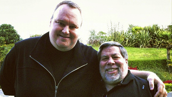 In this May 2012 photo released by Kim Dotcom, Apple cofounder Steve Wozniak, right, and Kim Dotcom stand together in Auckland, New Zealand. Apple cofounder Steve Wozniak says the U.S. piracy case against Kim Dotcom is "hokey" and a threat to Internet innovation.(AP Photo/HO)
