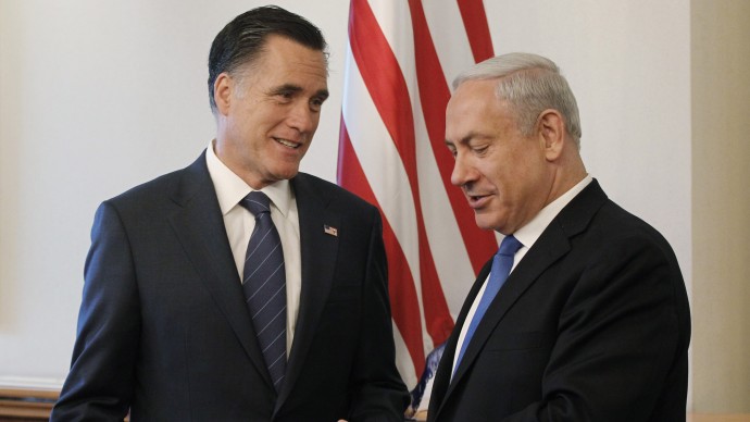 Republican presidential candidate and former Massachusetts Gov. Mitt Romney, left, meets with Israel's Prime Minister Benjamin Netanyahu, in Jerusalem, Sunday, July 29, 2012. (AP Photo/Charles Dharapak)