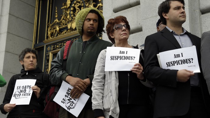 People rally outside of city hall in opposition to a proposed stop-and-frisk policy in San Francisco, Tuesday, July 17, 2012. (AP Photo/Marcio Jose Sanchez)