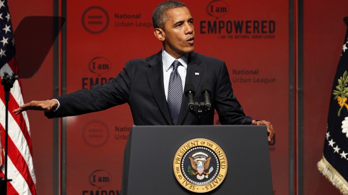 In this July 25, 2012, photo, President Barack Obama address the National Urban League Conference in New Orleans. (AP Photo/Bill Haber)