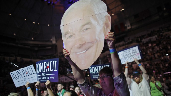 Supporters of Rep. Ron Paul, R-Texas, rally at the University of South Florida Sun Dome on the sidelines of the Republican National Convention in Tampa, Fla., on Sunday, Aug. 26, 2012. (AP Photo/Charles Dharapak)