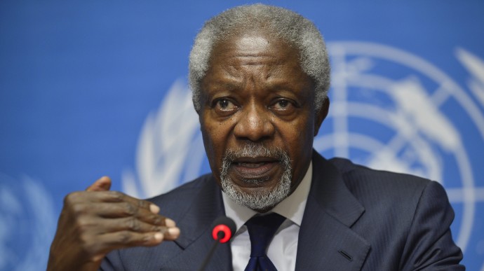 In this Saturday, June 30, 2012 file photo, Kofi Annan, Joint Special Envoy of the United Nations and the Arab League for Syria speaks during a news conference at the United Nations headquarters in Geneva, Switzerland. On Thursday, Aug. 2, 2012, Annan said he is quitting as special envoy to Syria, effective Aug. 31. (AP Photo/Martial Trezzini, Keystone, File)