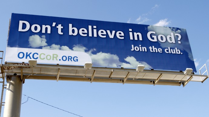 In this Sept. 9, 2010 photo, a billboard erected by atheists in Oklahoma City reads " Don't believe in God? Join the club". (AP Photo/Sue Ogrocki)