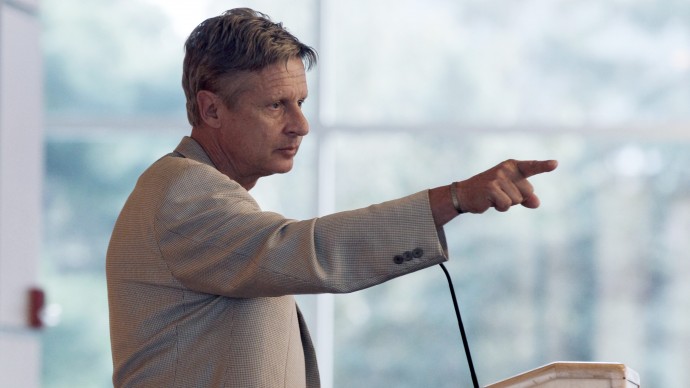 Gary Johnson, the Libertarian Party candidate for president, addresses an audience of students and the public at Macalester College, Friday, Sept. 21, 2012 in St. Paul, Minn. (AP Photo/Jim Mone)