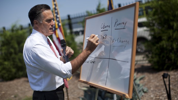 In this Aug. 16, 2012, file photo Republican presidential candidate, former Massachusetts Gov. Mitt Romney writes on a white board as he talks about Medicare during a news conference in Greer, S.C. (AP Photo/Evan Vucci)