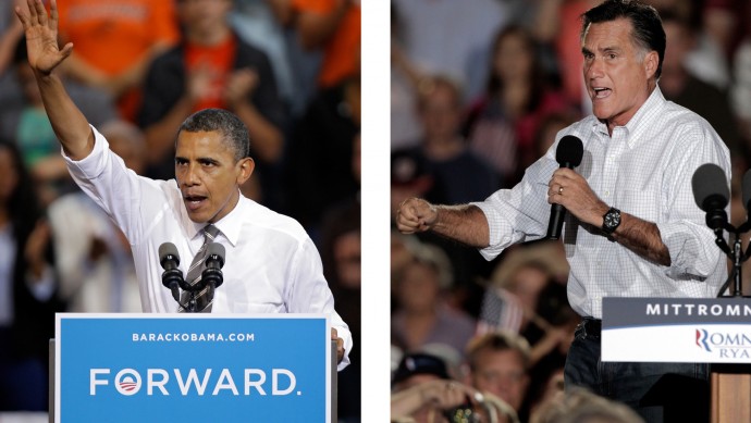 In these Sept. 26, 2012, file photo, President Barack Obama and Republican presidential candidate Mitt Romney both campaign in the battleground state of Ohio. (AP Photos)