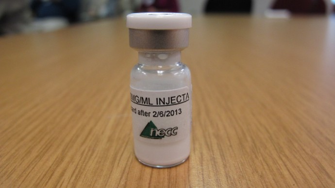 A vial of injectable steroids from the New England Compounding Center is displayed in the Tennessee Department of Health in Nashville, Tenn., on Monday, Oct. 8, 2012. (AP Photo/Kristin M. Hall)