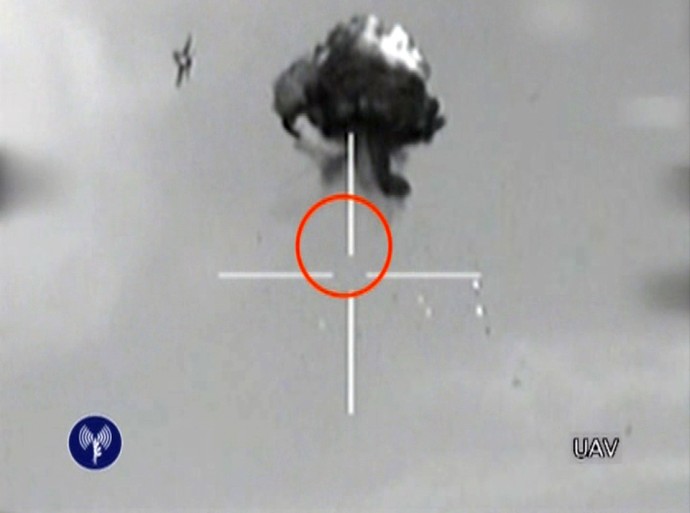 This image made from video released by the Israeli Defense Forces shows the downing of a drone that entered Israeli airspace in southern Israel, Saturday, Oct. 6, 2012. Israeli jets scrambled to intercept a drone that crossed into Israeli airspace Saturday from the Mediterranean Sea, bringing it down without incident in the south of the country, a military spokeswoman said.(AP Photo/Israeli Defense Forces via AP video)