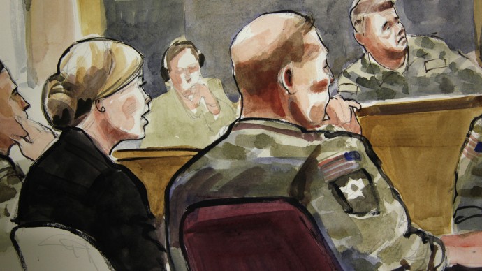 In this detail of a courtroom sketch, U.S. Army Staff Sgt. Robert Bales, seated at front-right, listens Monday, Nov. 5, 2012, during a preliminary hearing in a military courtroom at Joint Base Lewis McChord in Washington state. (AP Photo/Lois Silver)