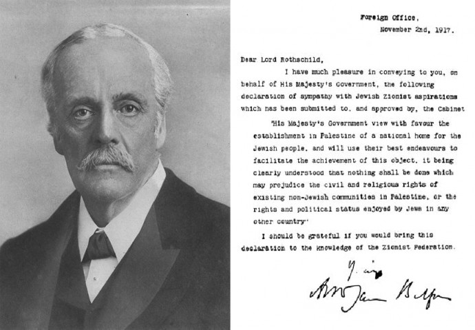 A composite of a photo of Arthur Balfour, former Prime Minister of the U.K., and a copy of his Nov. 2, 1917 declaration to Walter Rothschild in regards to Palestine and the Zionist movement. (Photo via Wikimedia Commons)