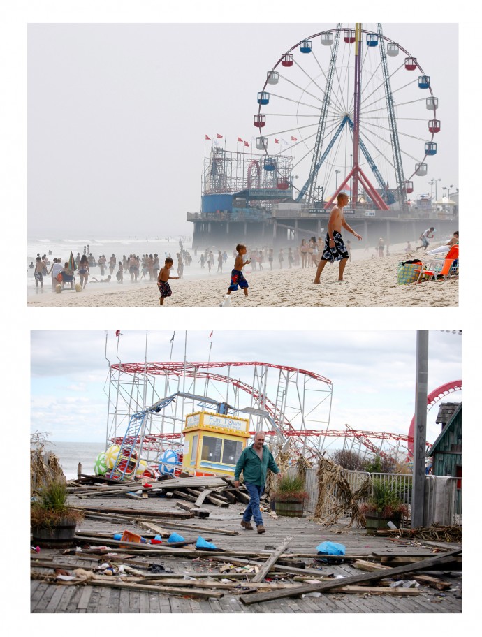 In this combination of two file photos, the Funtime Pier in Seaside Heights, N.J. is shown before and after Superstorm Sandy made landfall on the Jersey Shore. At top in this Aug. 10, 2010 file photo, the Funtime Pier rises from the sand and surf at Seaside Heights on the New Jersey coast. Below, Funtime Pier Owner Billy Major surveys the damage on Wednesday, Oct. 31, 2012 after Sandy tore through the region and left only four rides standing. Top (AP Photo/Mel Evans) Bottom (AP Photo/Star-Ledger, David Gard, Pool)