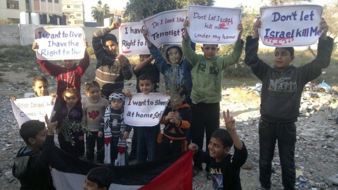 Children in a neighborhood in Gaza protest for Childhood Day on Nov. 20, 2012. (Photo by @Sameeha88 via Twitter)
