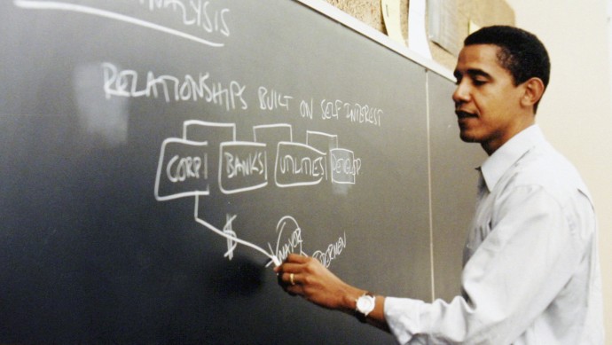 This photo released by Obama for America shows a Barack Obama teaching at the University of Chicago Law School. Obama arrived in Chicago in 1985 with a college degree, a map of the city and a new job as a community organizer, only to move on a few years later to Harvard Law School. (AP Photo/Obama for America)