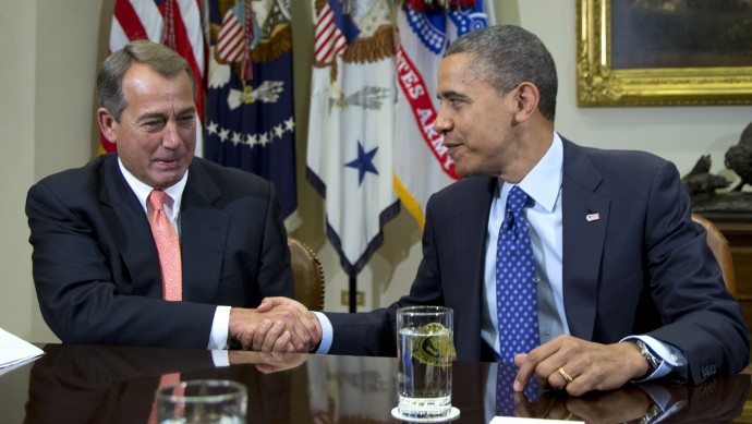 This Nov. 16, 2012 file photo shows President Barack Obama shaking hands with House Speaker John Boehner of Ohio in the Roosevelt Room of the White House in Washington, during a meeting to discuss the deficit and economy. (AP Photo/Carolyn Kaster, File)