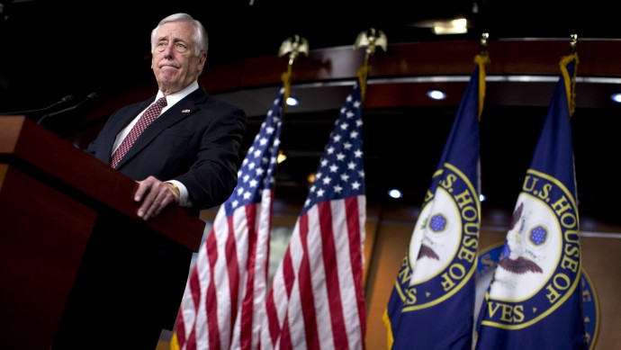 House Minority Whip Rep. Steny Hoyer of Md., pauses during a news conference on Capitol Hill in Washington, Thursday, Dec. 27, 2012, where he urged House Republicans to end the pro forma session and call the House back into legislative session to negotiate a solution to the fiscal cliff. (AP Photo/ Evan Vucci)