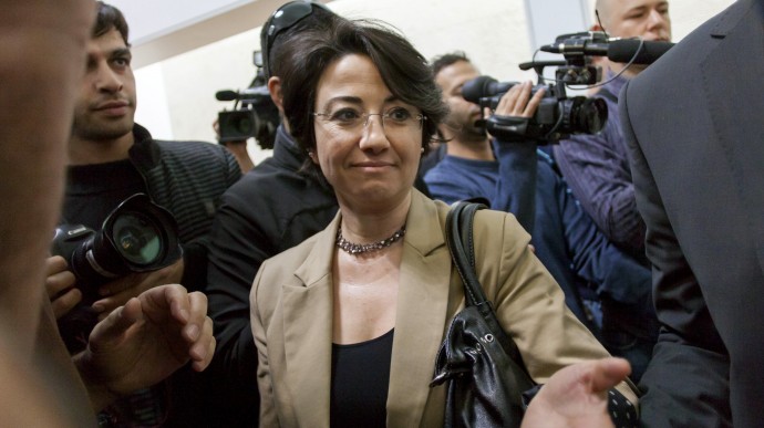 Israeli Arab parliament member Hanin Zoabi arrives for a hearing about her disqualification from politics at Israel's Supreme Court, in Jerusalem, Thursday, Dec. 27, 2012. (AP Photo/Emil Salman)