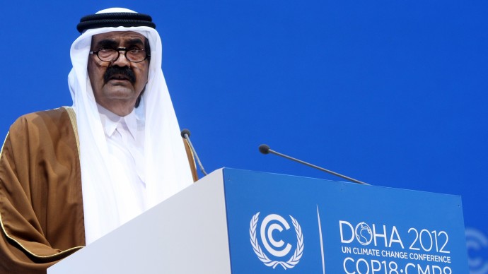 Qatari Emir, Sheikh Hamad bin Khalifa Al-Thani addresses the opening of the high-level segment of the annual U.N. climate talks in Doha, Qatar, Tuesday, Dec. 4, 2012. (AP Photo/Osama Faisal)