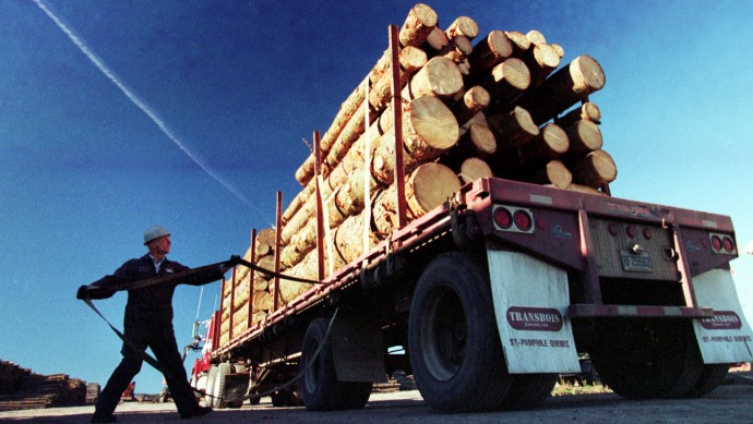 Canadian truck driver Onil Belanger prepares to unload Maine logs at a mill in St. Pamphile, Quebec, Canada, in this November 1998 file photo. (AP Photo/Robert F. Bukaty, files)