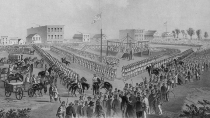 This drawing is a depiction of the execution of the 38 Native Americans who were hung in a mass hanging in 1862 in Mankato, Minn. (Drawing by W.H. Childs from Frank Leslie's Illustrated Newspaper 1863)