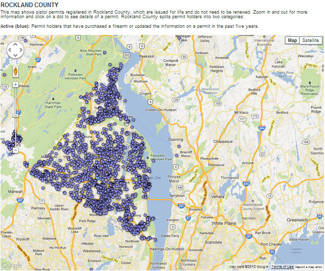 Screenshot of the map showing pistol permits registered in Rockland County, N.Y. published by lohud.com.