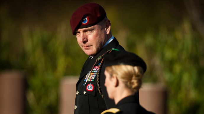 Army Brig. Gen. Jeffrey A. Sinclair, left, leaves a Fort Bragg courthouse with a member of his defense team, Maj. Elizabeth Ramsey, Tuesday, Jan. 22, 2012, after he deferred entering a plea at his arraignment on charges of fraud, forcible sodomy, coercion and inappropriate relationships. (AP Photo/The Fayetteville Observer, Andrew Craft)