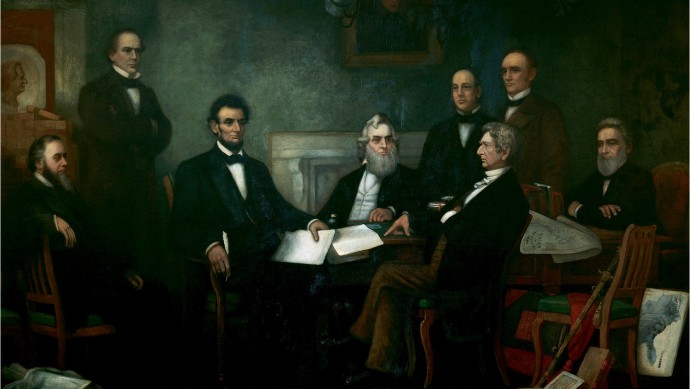 "First Reading of the Emancipation Proclamation of President Lincoln," by Fancis Bickness Carpenter (1830-1900) is shown here.