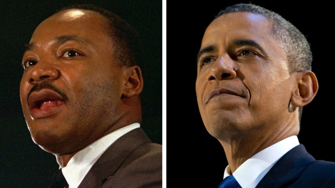 In this combination of file photos, the Rev. Martin Luther King Jr. speaks at a peace rally in New York on April 15, 1967, left, and President Barack Obama speaks at an election night party in Chicago after winning a second term in office on Nov. 7, 2012. (AP Photo, File)