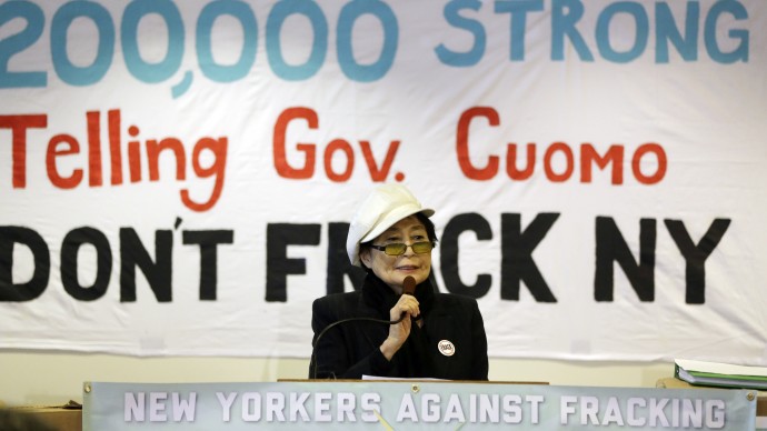 Yoko Ono speaks during a news conference opposing hydraulic fracturing on Friday, Jan. 11, 2013, in Albany, N.Y. (AP Photo/Mike Groll)