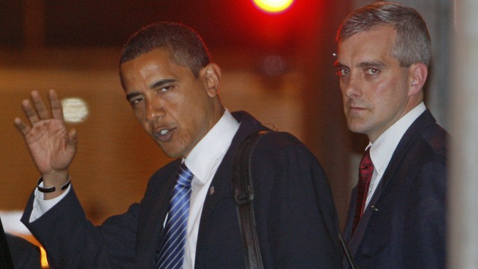 This Nov. 6, 2008 file photo shows then-President-elect Obama, accompanied by foreign policy adviser Denis McDonough leaving a meeting in Chicago. (AP Photo/Charles Dharapak, File)
