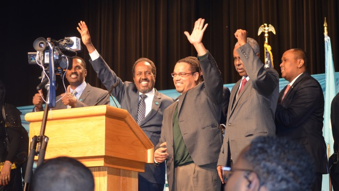 Minnesota Congressman Keith Ellison greets Somali President Hassan Sheikh Mohamud Friday, Jan. 18, 2013 at the Minneapolis Convention Center, calling on all Somalis to support the president and ensure that the U.S. government continues its support for the nation's newly recognized government. (Photo Trisha Marczak/MintPress)
