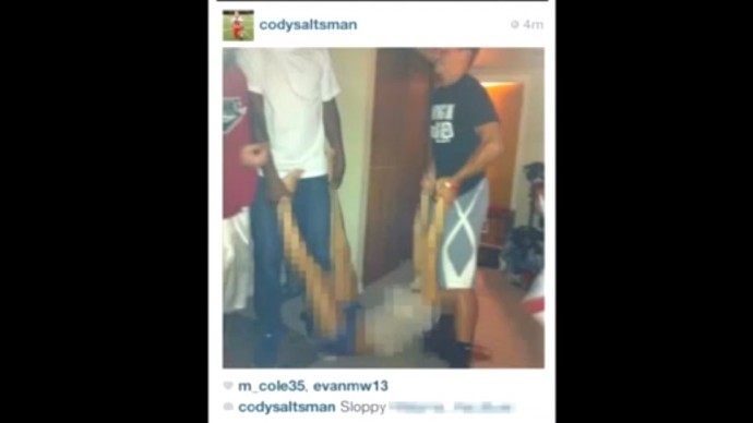 A screenshot from a video released by hactivist group Anonymous shows players from the Steubenville, Ohio high school football allegedly raping a female.